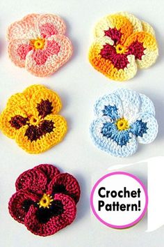 six crochet flowers with the words crochet pattern below them