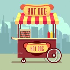 a hot dog cart in front of a cityscape with the word hot dog on it