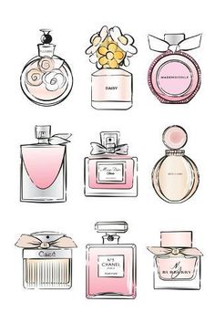 size: 18x12in Art Print: Perfume Set by Martina Pavlova : Perfume Art, Bottle Drawing, Chanel Perfume, Perfume Set, 자수 디자인, Watercolor Flowers Paintings, Luxury Perfume, Miss Dior, Watercolor Flower