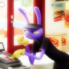 an animated character using a cash register machine