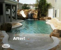 a pool with a waterfall and slide in the back yard, before and after remodeling