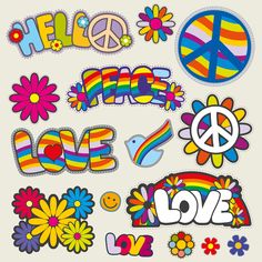 an assortment of colorful stickers that say peace love and flowers with the word love