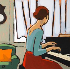 a painting of a woman sitting at a piano in front of a window with curtains