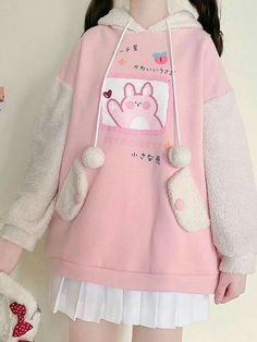 Cute Korean Outfits, Kawaii Outfit Ideas, Kawaii Hoodies, Kawaii Sweater, Style Kawaii, Pastel Outfit, Cartoon Rabbit, Kawaii Fashion Outfits, Rabbit Print