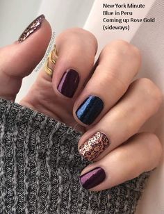 Fall Nails Blue Grey, Dark Color Nails Design Ideas, Purple And Navy Nails, Copper And Teal Nails, Fall Dip Manicure Ideas, Fall Nails Dip Powder Colors, Late November Nails, Pedicure Nails Ideas, Small Nail Bed Nails