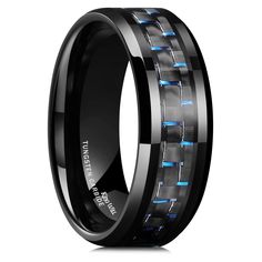 black ceramic ring with blue carbon fiber inlays