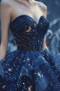 Gown Aesthetic Ball, White And Navy Blue Wedding Dress, Midnight Blue Dress With Stars, Prom Dress Celestial, Celestial Homecoming Dress, Celestial Formal Dress, Star And Moon Dress, Acotar Ball Gowns, Moon And Stars Wedding Dress