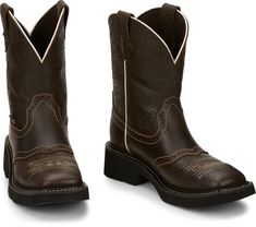 The leather exterior is tastefully accented by a vivid delicate stitch pattern, outer seam, and interior. This cowgirl boot is made for comfort as much as it's made for style with a wide square toe, rubber outsole, and J-Flex Comfort System� insoles with Women's Work Boots, Pattern Outer, Womens Work Boots, Womens Cowgirl Boots, Cowgirl Boot, Justin Boots, Western Cowgirls, Western Boot, Best Western