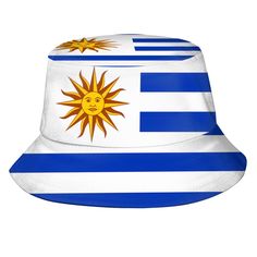 a white and blue striped hat with a sun on it