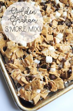 golden graham s'more mix in a baking pan with the words golden graham on it