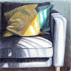 a colored pencil drawing of a couch with pillows on it's arm and back