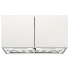 a white wall mounted range hood with two doors