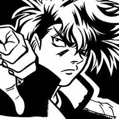 a black and white drawing of an anime character pointing his finger at the camera with one hand