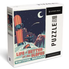 Whitefish, Montana, Life is Better on the Slopes, Woodblock, Jigsaw Puzzle Puzzle Lantern Press California Life, Whitefish Montana, Chevron Kitchen, Chevron Art, Graphic Design Styles, Tahoe California, Wood Postcard, Lake Tahoe California, Dynamic Art