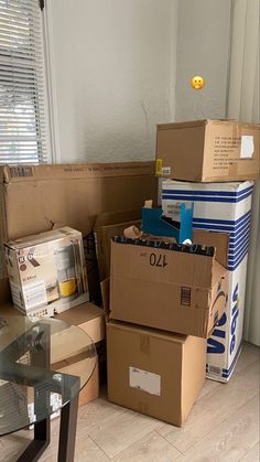 several boxes are stacked on top of each other