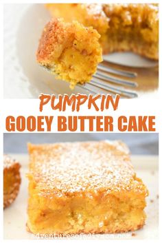 pumpkin gooey butter cake on a plate with a fork