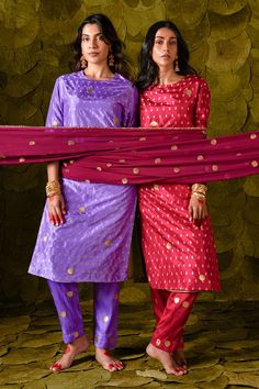 Deep lavender kurta adorned with polka and petite floral aari gold zari beaten hand embroidery. Comes with coordinating straight salwar pant. - Aza Fashions Festive Unstitched Traditional Wear, Art Silk Churidar For Celebration, Purple Unstitched Suit For Diwali, Purple Salwar Kameez For Celebrations, Festive Purple Self Design Unstitched Suit, Fitted Salwar Kameez With Meenakari And Traditional Drape, Fitted Meenakari Salwar Kameez, Fitted Salwar Kameez With Meenakari, Traditional Fitted Salwar Kameez With Meenakari