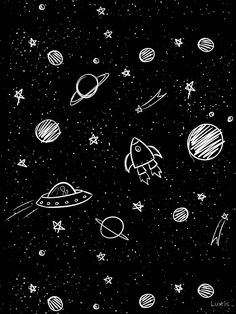 black and white drawing of outer space with stars, planets and rockets in the sky