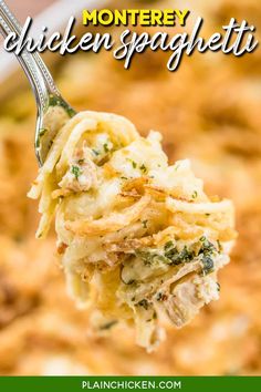 a close up of a spoon full of chicken and cheese casserole with text overlay