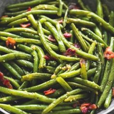 green beans with bacon are in a bowl