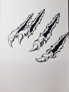 three black and white drawings of claws on paper