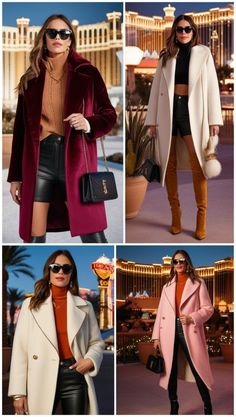 four different pictures of women wearing coats and jackets, including one in pink, the other in black