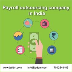 a hand holding a phone with icons surrounding it and the words payroll outsourcing company in india