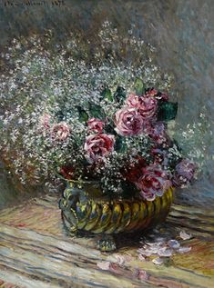 a painting of pink and white flowers in a green vase on a wooden table top