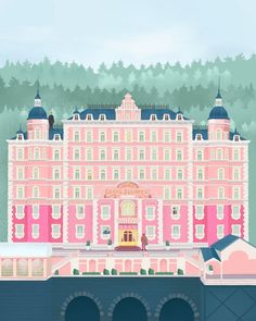 an illustration of a pink building with trees in the background