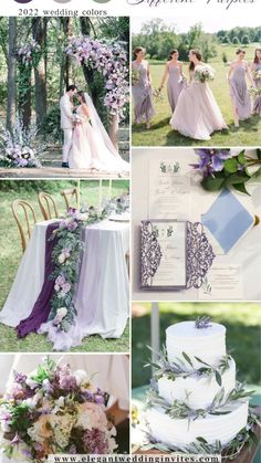 wedding color palettes for the bride and groom in lavender, lila and green tones