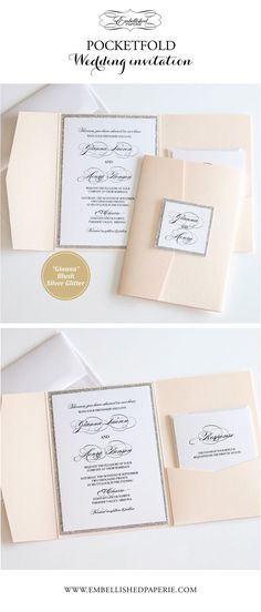 the pocketfold wedding stationery is shown in two different colors