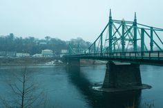 The Northampton Street Bridge over the Delaware River on a foggy winter day in Easton, Pennsylvania