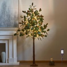 a lighted tree in the corner of a room