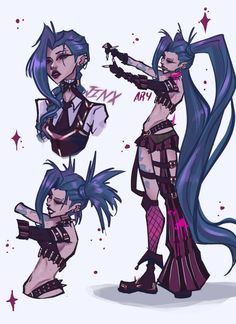 Jinx Style Clothes, Jinx Watercolor, Jinx Art Arcane, League Of Legends Jinx Art, Jinx Full Body Arcane, Jinx Side Profile, Jinx Hairstyle, Arcane Oc Girl, Jinx Crazy