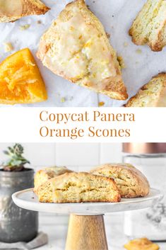 an orange scones on a cake stand with the words copycat panera orange scones