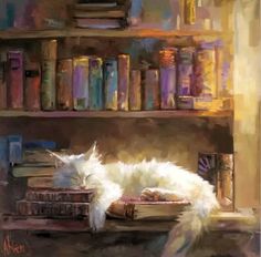 a painting of a cat sleeping on top of a book shelf in front of bookshelves