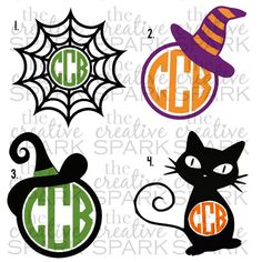 three halloween monograms with cats and pumpkins