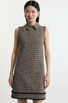 Elevate Your Evening Wardrobe With Our Mini Dress, Made With Boucle, Flecked With Shimmering, Metallic Details. The Straight Silhouette Is Ultra Comfortable And Easy To Wear, While The Collared Neckline Elevates The Formality. Style It With Strappy Heels For An Occasion Look That Is Guaranteed To Turn Heads Wherever You Step. Boucle Tailored Collared Sleeveless Dress High Quality, Textured Boucle Fabric Subtle Metallic Detailing Formal, Collared Neckline Straight Silhouette Matching Pieces Sold Petite Wedding Guest Dresses, Plus Size Workwear, Petite Coat, Plus Size Coats, Boucle Fabric, Fall Outfits For Work, Trending Sunglasses, Tailored Dress, Shop Mens Clothing