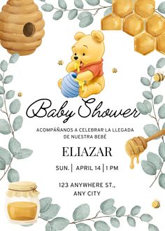 a baby shower is shown with honey and a winnie the pooh bear on it