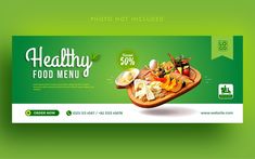 a healthy food menu is displayed on a green background with an arrow pointing to the left