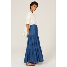 Blue denim (100% Cotton). Maxi skirt. Front button closure. Imported. Denim Lined Skirt In Dark Wash, Dark Wash Denim Lined Skirt, Dark Wash Denim Skirt With Lining, Medium Wash Denim Tiered Skirt, High Rise Dark Wash Relaxed Skirt, High Rise Dark Wash Relaxed Fit Skirt, Medium Wash Tiered Denim Skirt, Casual Medium Wash Tiered Denim Skirt, Cotton Denim Blue Tiered Skirt