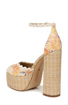 A raffia-wrapped platform and sky-high block heel lift a beachy ankle-strap sandal framed by dainty rickrack trim. 5 1/2" heel; 1 3/4" platform Adjustable ankle strap with buckle closure Textile upper/synthetic lining/rubber sole Imported Rick Rack, Sky High, Sandal Women, Ankle Strap Sandals, Sam Edelman, Platform Sandals, Apricot, Nordstrom Rack, Block Heels