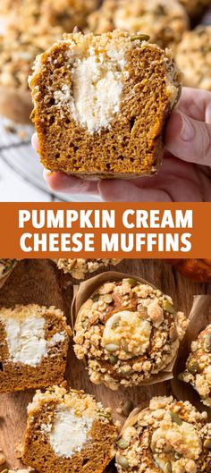 pumpkin cream cheese muffins are cut in half and stacked on top of each other