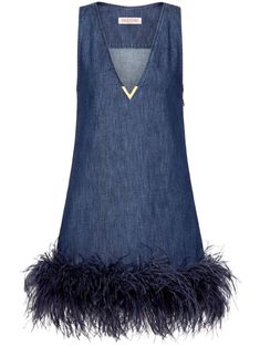 Valentino Ready To Wear indigo blue cotton denim signature V gold-tone logo plaque plunging V-neck sleeveless feather-trim hem thigh-length Feather Trim Dress, Feather Embroidery, Luxurious Dresses, Denim Short Dresses, Mesh Maxi Dress, Feather Trim, Blue Feather, Sophisticated Dress, Denim Mini Dress