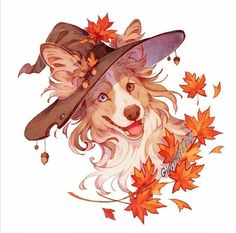 a drawing of a dog wearing a hat with autumn leaves around it and the words happy thanksgiving written below