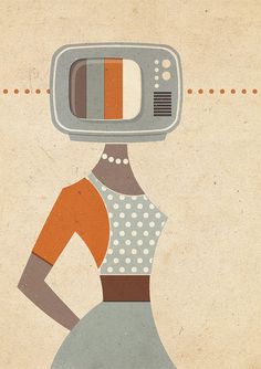 an image of a woman with a tv on her head and hands behind her back