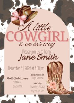 a little cowgirl is on her way baby shower party card with boots and pink ribbon