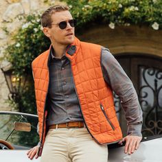 Quilted Water-Resistant Puffer Vest in Ochre by Scott Barber Mens Puffy Vest Outfits, Puffer Vest Outfit Men Streetwear, Orange Vest Outfit Men, Vest Puffer Outfit Ideas, Male Puffer Vest Outfit, Puffer Vest Men Streetwear, Vest Men Outfit, Men’s Puffer Vest, Puffer Outfit