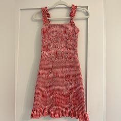 Never Worn And Has Adjustable Straps Red Fitted Summer Sundress, Red Fitted Sundress For Summer, Fitted Red Summer Sundress, Fitted Casual Sundress For Holiday, Red Fitted Sundress With Lining, Fitted Holiday Sundress, Holiday Sundress, Fitted Red Sundress, Red Fitted Sundress With Ruffles