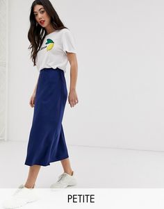 New Look Petite satin midi skirt in navy | ASOS Navy Blue Midi Skirt Outfit, Navy Satin Skirt Outfit, Navy Midi Skirt Outfit, Blue Midi Skirt Outfit, Linen Skirt Midi, Blue Satin Skirt, Zebra Print Mini Skirt, Petite Midi Skirt, Navy Midi Skirt